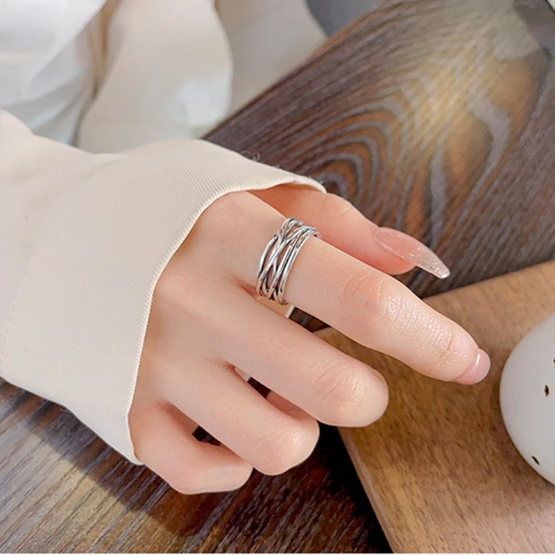 VOJEFEN Argent 925 Silver Ring Woman Irregular Multi-layered Winding Lines Pure Silver Fashion Jewelry Couple Dating Finger Ring