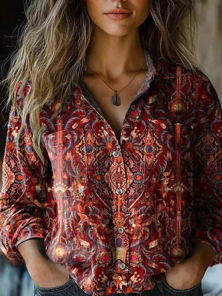 2025 Spring And Autumn New Bohemian Style Women\'s Casual Shirt Fashion Floral Print Lapel Long Sleeve Loose And Versatile Top