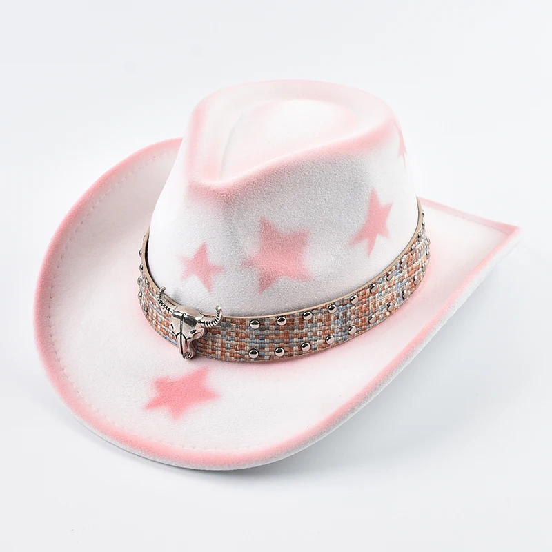 New Western Style Cowgirl Hat Vintage Roll Up Brim Gentleman Lady Felt Jazz Hats Pink Women Girls Birthday Party Cowboy Hat