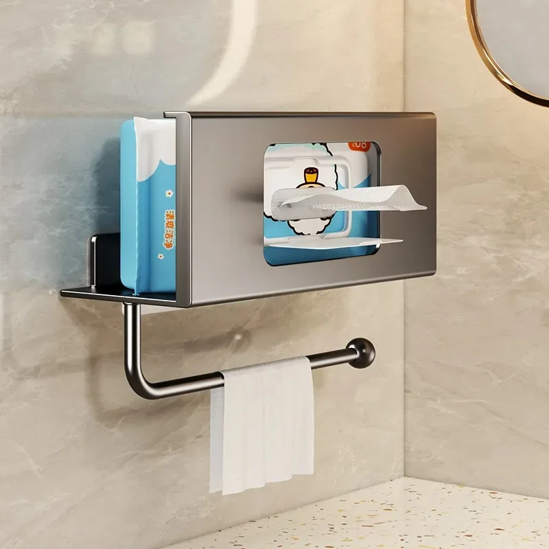 Light Luxury Wall Mounted Wipes Box Bathroom Multi Functional Storage Household Seamless Non Punching Tissue Holder