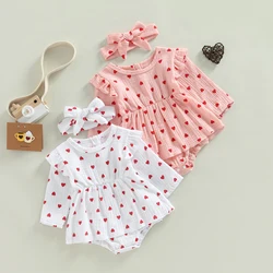 2022-10-21 Lioraitiin Baby Girls Valentine's Day Romper Dress Infant Heart Print Long Sleeve Skirt Hem Jumpsuits with Headband