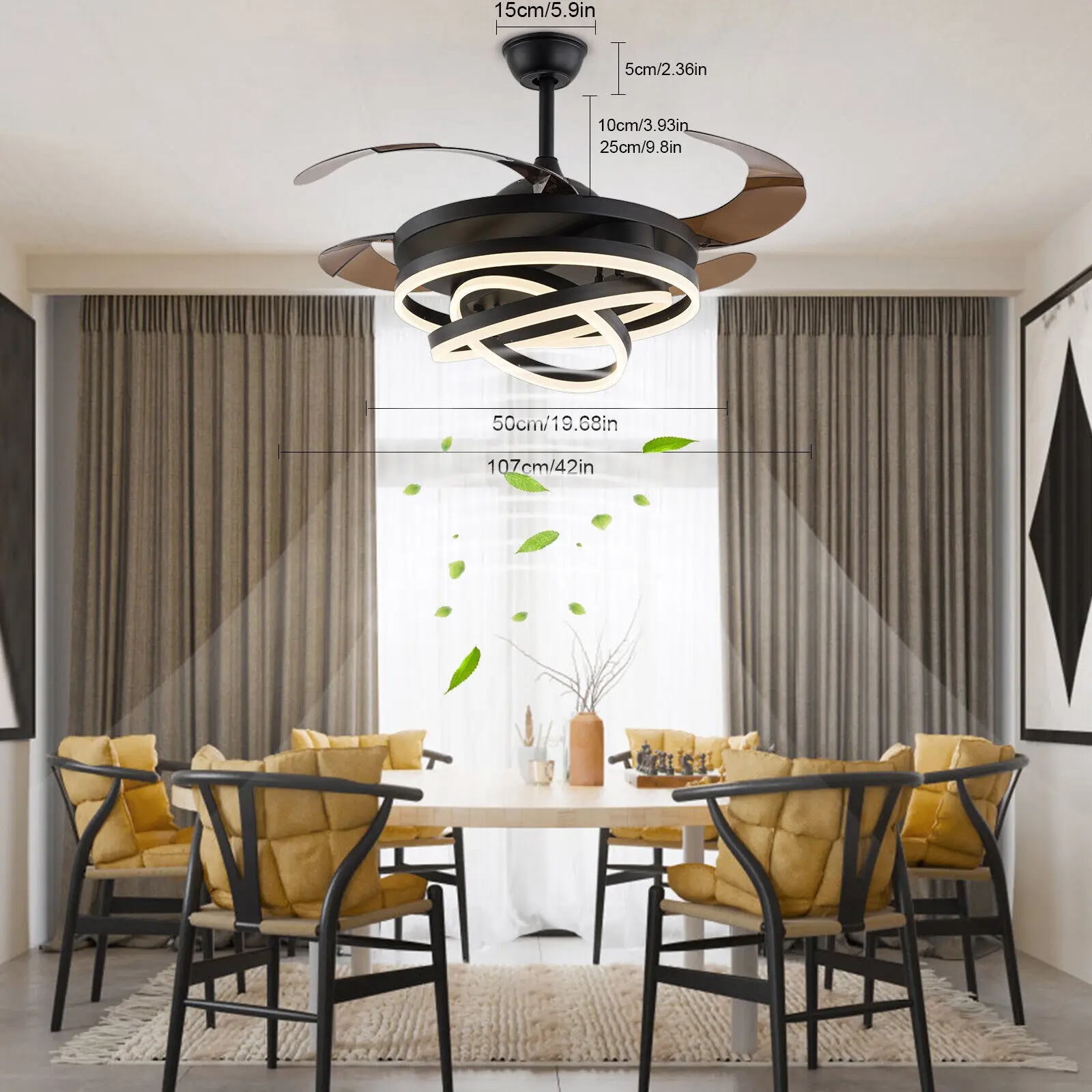 LED Ceiling Fan Light Retractable Pendant Lamp Invisible Chandelier RemoteCeiling Light With 3 Speeds Colors For Living Room