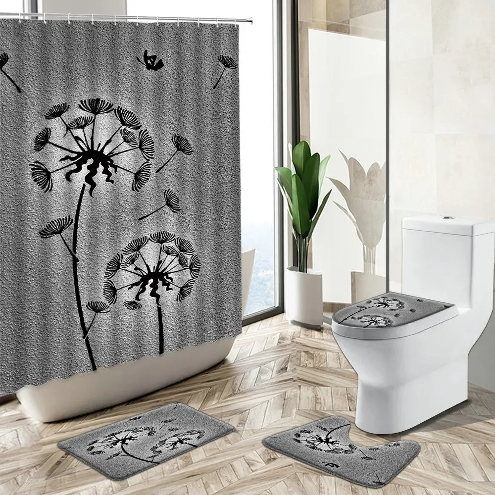 Dandelion Flower Pattern Shower Curtain Set Black White Creativity Design Decor Bath Mat Toilet Cover Flannel Bathroom Carpet