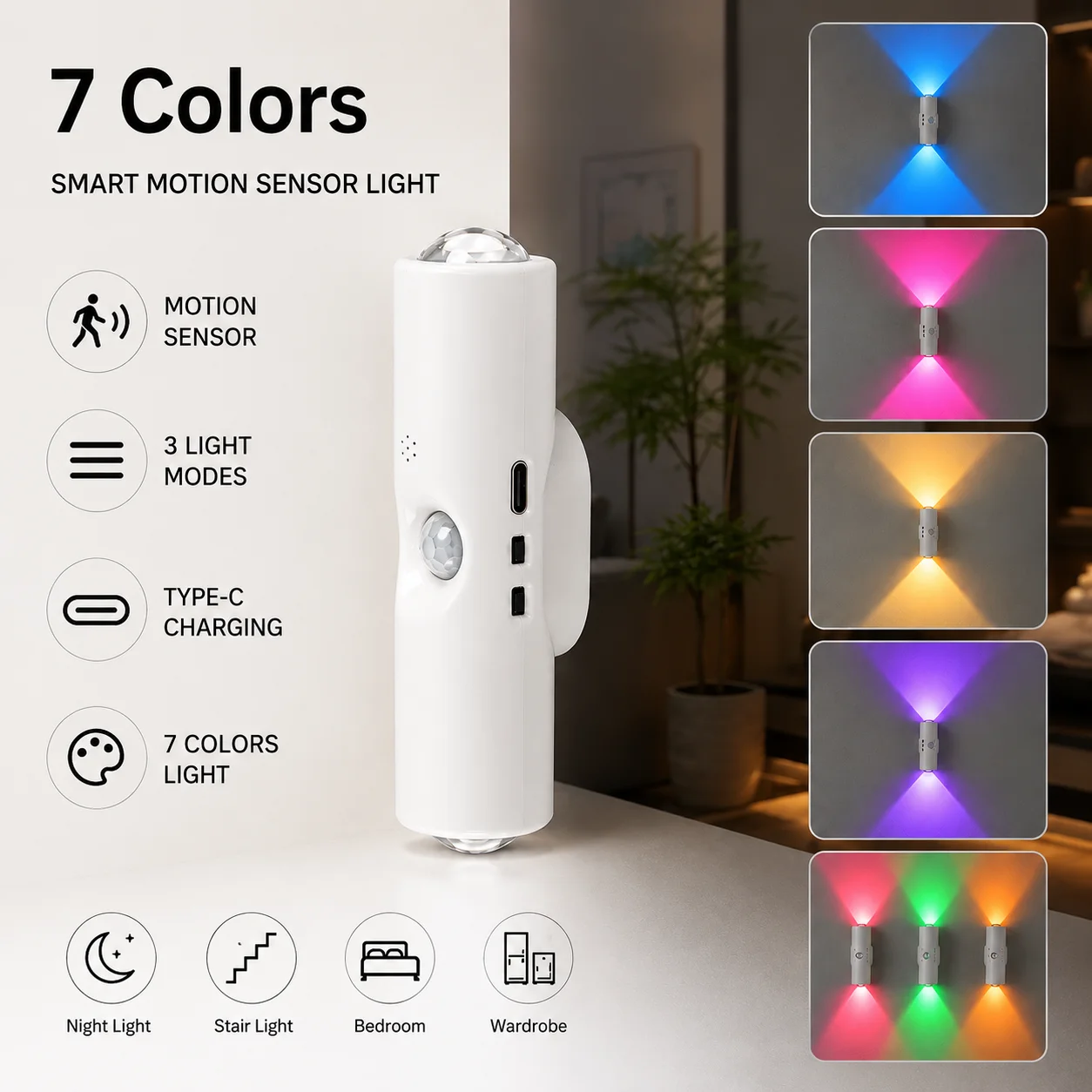 Smart RGB Night Light Magnetic Motion Sensor Rechargeable Wall Lamp Mood Decor Ambient Light for Bedroom Closet Hallway Stair