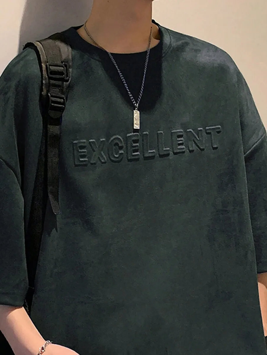 

Oversized Drop Shoulder Letter Embossed Fleece Tee For Men