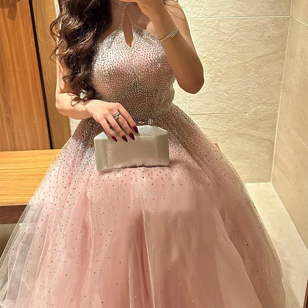 

Saudi Arabia Evening Gowns Straight Pleats Sleeveless Halter Floor Length Sweep Train Crystal Fashion Bespoke Occasion Gowns