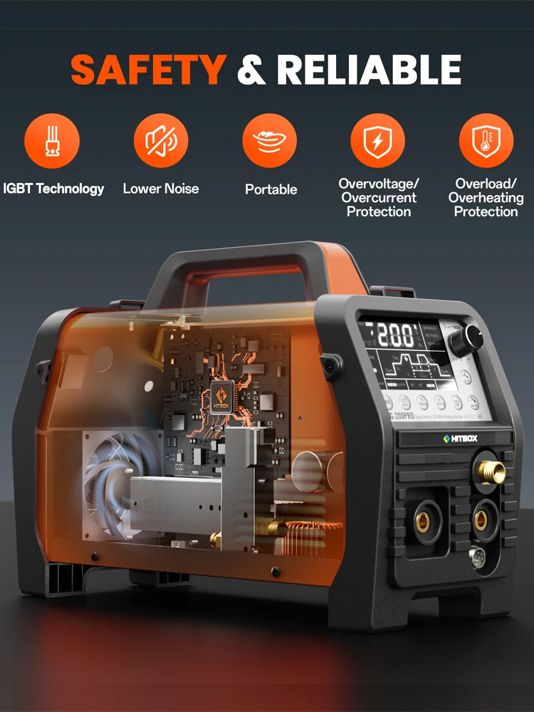 HITBOX TIG200PRO 200A 6-in-1 Multifunktions-Schweißgerät 220V HF TIG Puls-Kaltschweißgerät MMA Elektrodenschweißgerät Punktschweißgerät IGBT-Inverter-Technologie mit digitalem LED-Display für den
