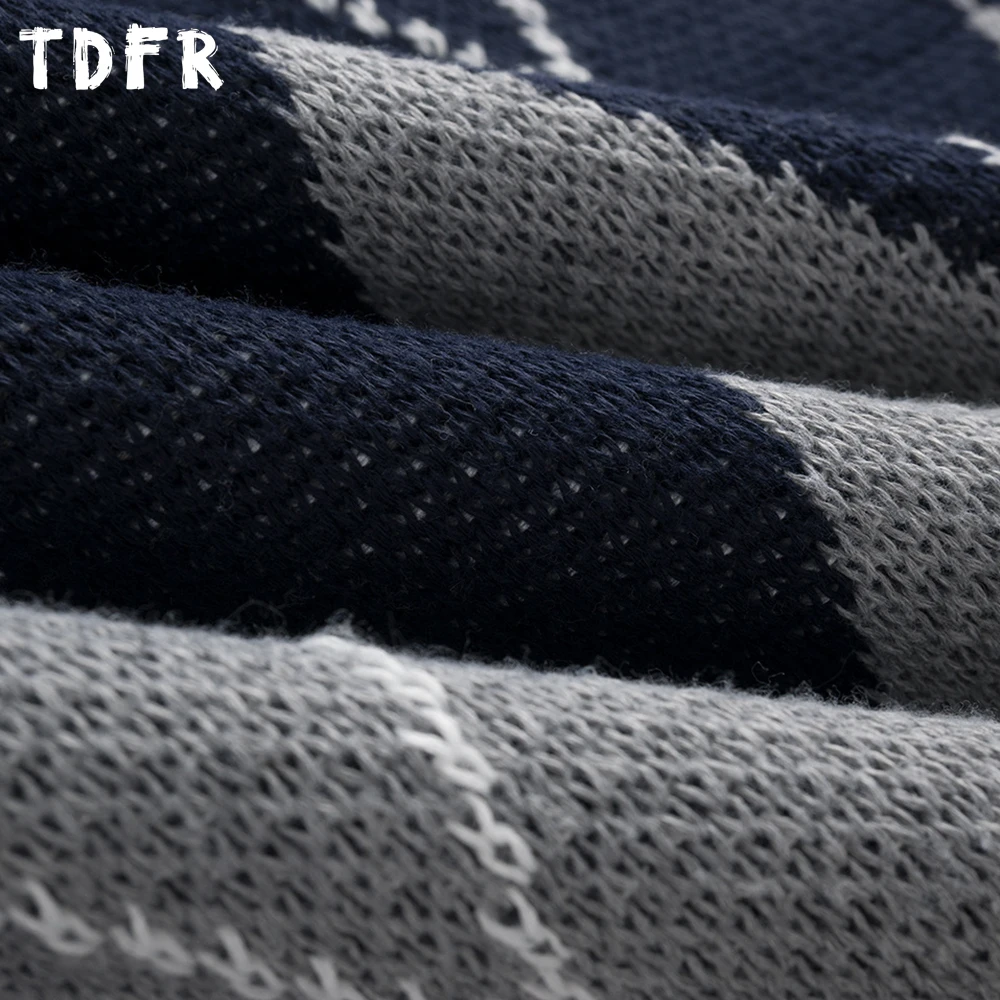 Suéter de Jacquard a cuadros con rombos para hombre, Jersey de punto de manga larga con solapa holgada informal Retro para otoño e invierno