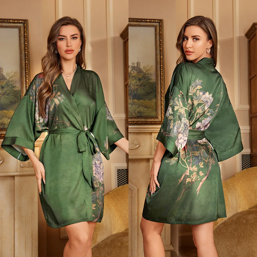 

Женский короткий халат, одежда для сна с цветочным принтом, кимоно, халат, весеннее ночное платье, домашняя одежда, повседневная атласная одежда для дома