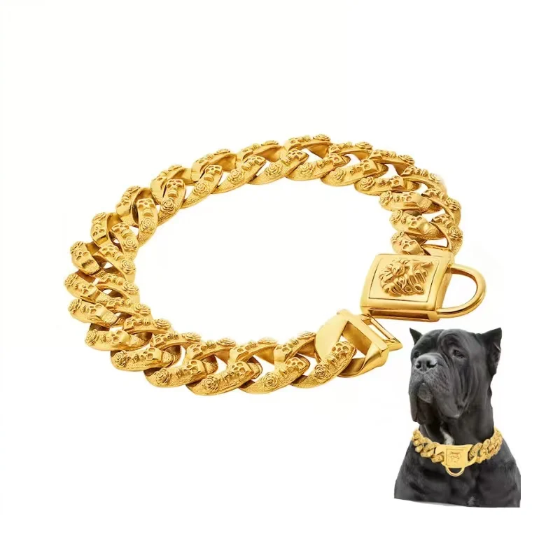 PMGPET 32mm Gold Big Dog Collar  Skull Pattern Stainless Steel Metal Pet Choker Bully Pitbull Dogo Bulldog Heavy Powerful Dogs