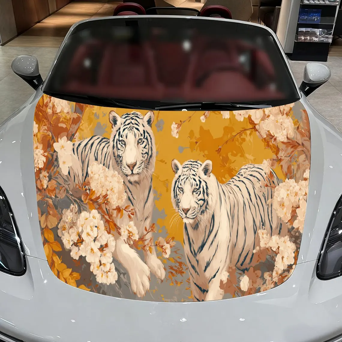 Car Decals A White Tiger Pair Design with Autumn Floral Elements in a Warm, Orange-Hued Textured Background with Artistic, Dynam
