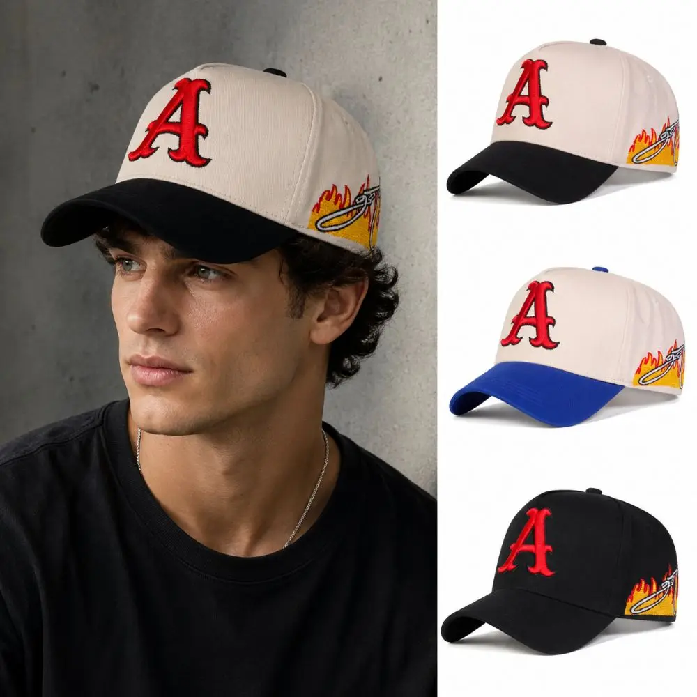 Retro Flame Baseball Cap Cotton Adjustable Trucker Hat Hip-hop Red Letter A Embroidery Sun Hat For Men Women