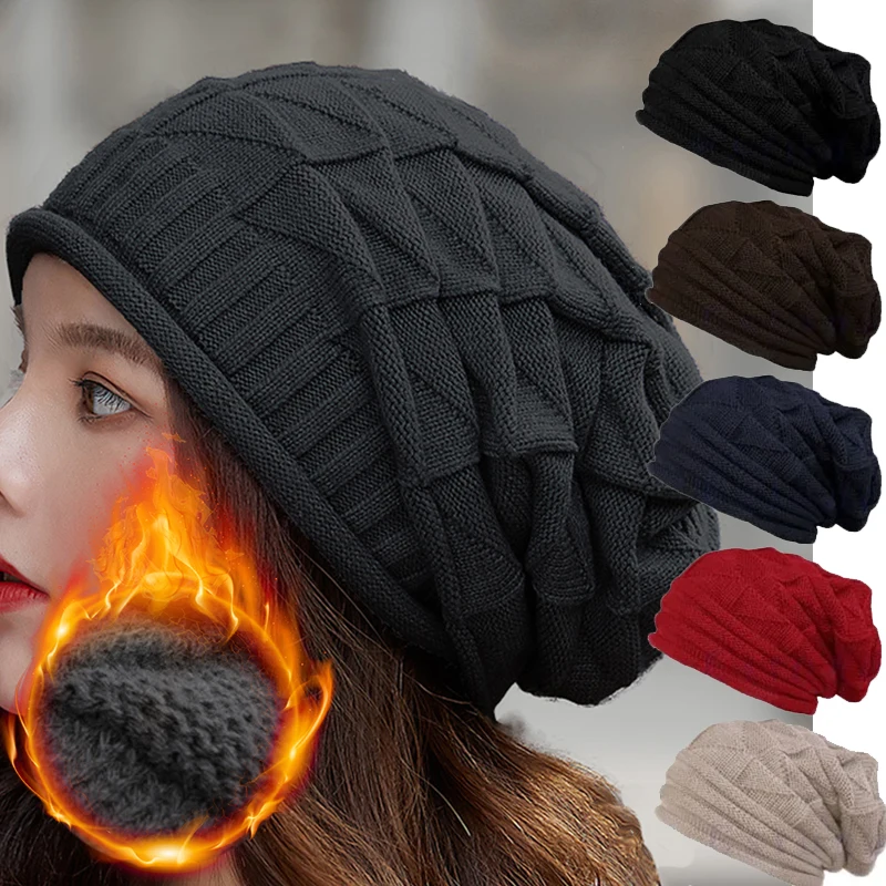 

Knit Beanie Winter Hat Thermal Thick Polar Fleece Snow Skull Cap for Men and Women Autumn Hat Plus Velvet Wheat Knitted Hat