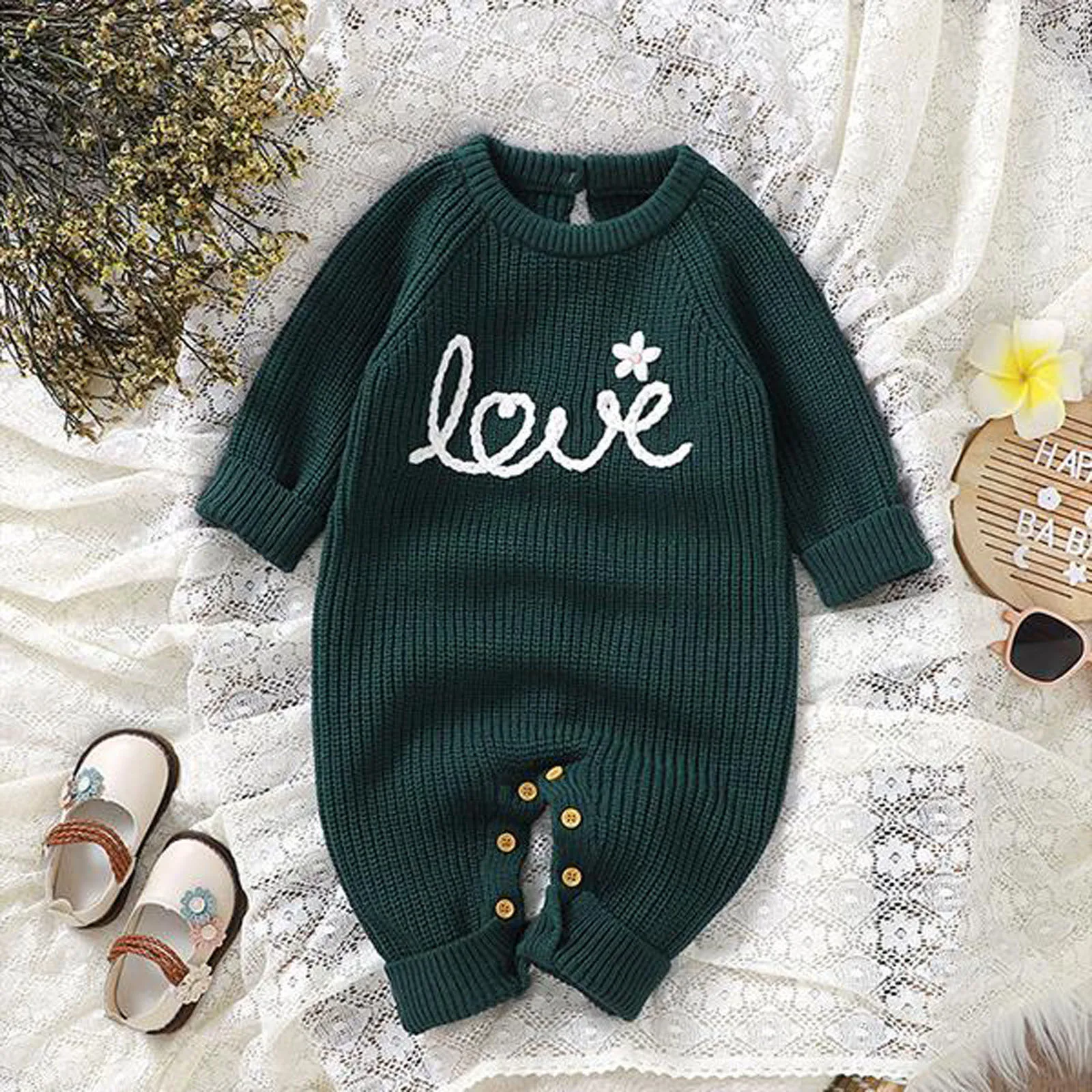 Newborn Baby Knit Sweater Romper Winter Warm Letter Floral Embroidery Girls Boys Jumpsuits Long Sleeve Infant Clothes Knitwears