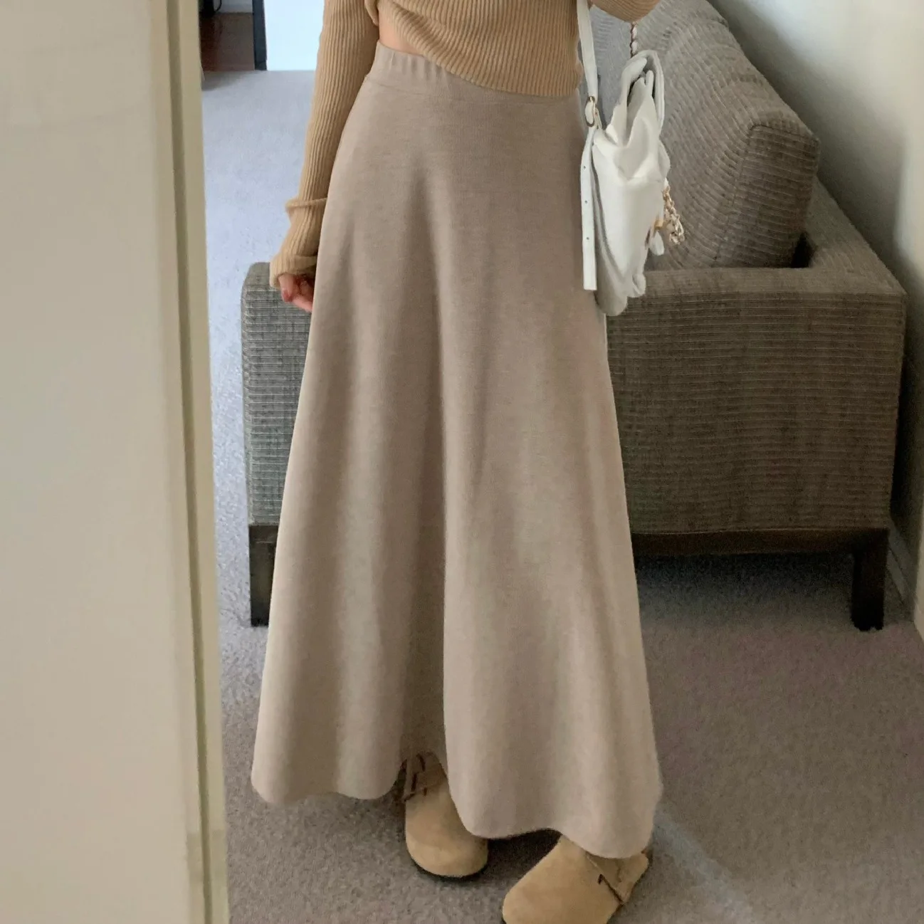 

Women Solid Skirts Knitted A Line Skirt Ankle Length Empire Elastic Waist Slight Stretch Loose Office Lady 2025 Autumn Winter