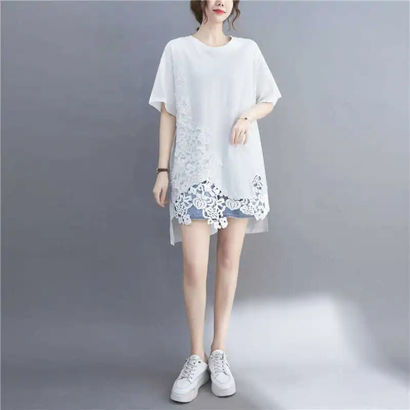 Fashion O-Neck Spliced Lace Hollow Out Irregular Blouses Women's Clothing 2024 Summer New Loose Casual Tops Asymmetrical Shirts