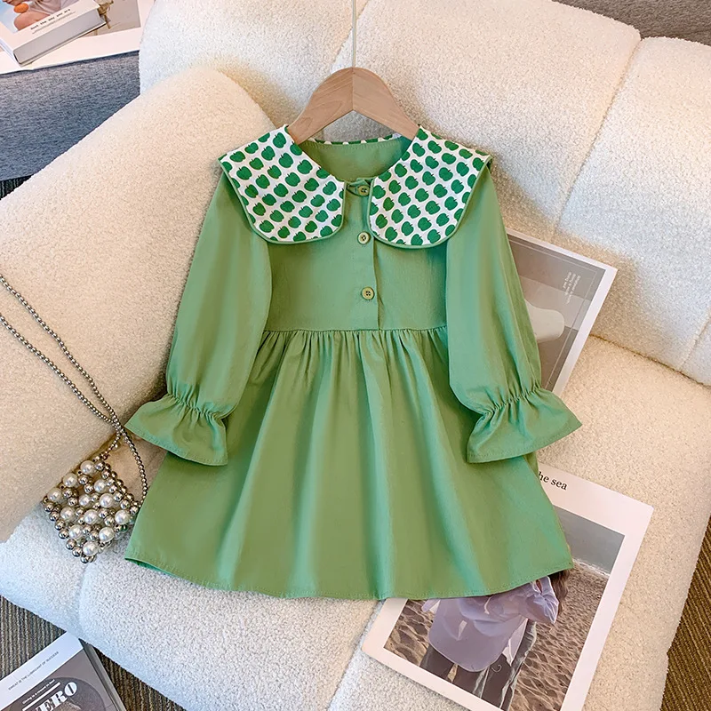 Autumn Dress for Girls Green Apple Flip Baby Girl Skirt Children\'s Clothing Long Sleeve Solid Color Simple Style Princess Dress