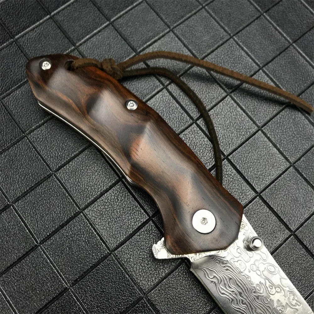 High Qualtiy Damascus Steel Knife Folding Knife Wood Handle with Sheath EDC Outdoor Knife Self-defense Combat Tactical Tool Gift