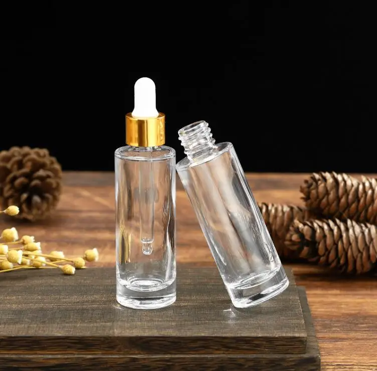 30ml Clear Glass Eye Dropper Bottles 1oz Thick Wall Flat Shoulder Essential Oil Perfume Bottle with golden top cap SN1759