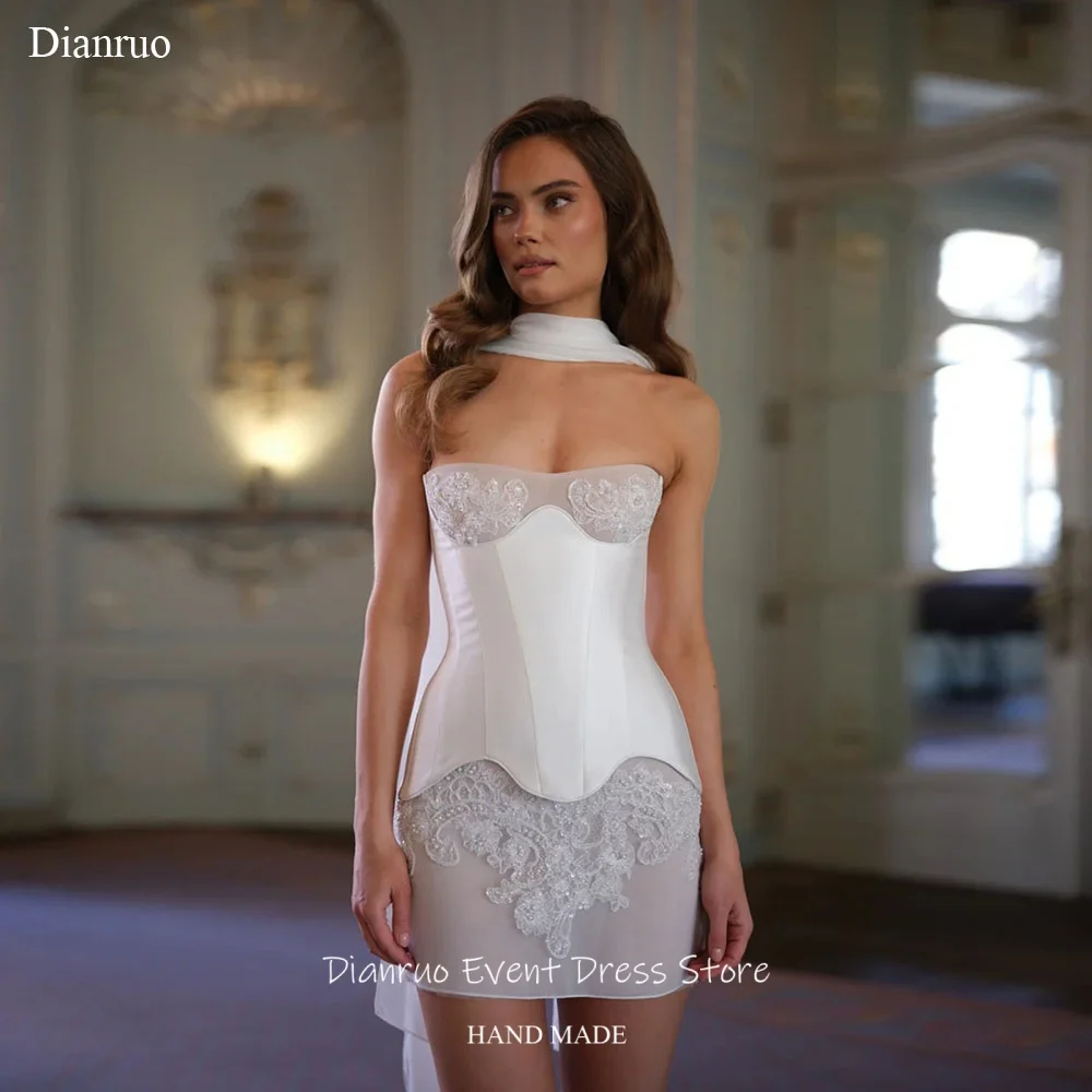 

Dianruo Satin Strapless Beaded Lace Wedding Dress Appliqués Ribbons Vestido De Noiva Elegant Short Homecoming Dress Customized