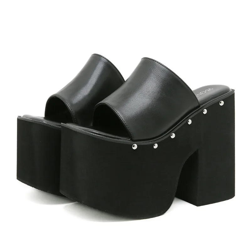 

Thick Soled Slippers for Women Super High Heels 14 Waterproof Table Platform Platform Sandals Women's Rivets Cool Slippers Women