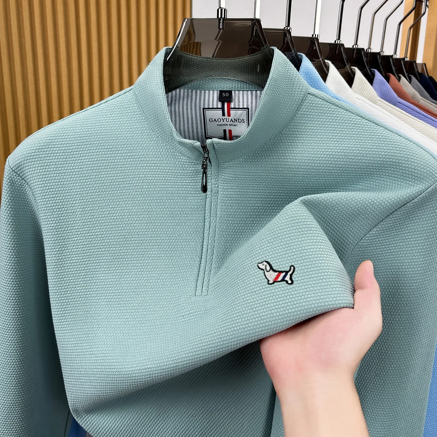 Comfort High‑End Cotton Long Sleeve Sportswear Luxury Brand Cartoon Dog Embossed Men's Mock Neck Spring Autumn Casual Pullover
