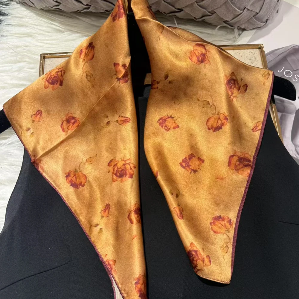 

New Light Coffee Women 100% Mulberry Silk Scarf Headscarf Spring Fall Summer Floral Small Silk Square Neck Scarves Neckerchief