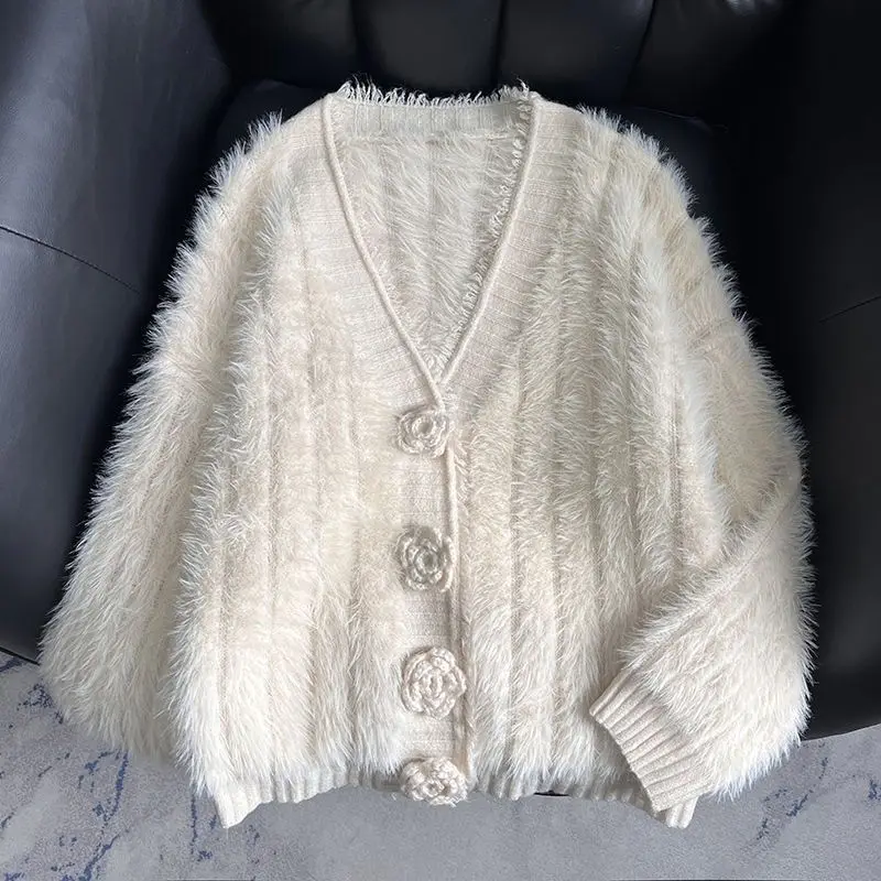 

Women Autumn Winter Simplicity Elegant Button Solid Color Knitting Women Clothing All-match V-neck Loose Cardigan Long Sleeve Sw