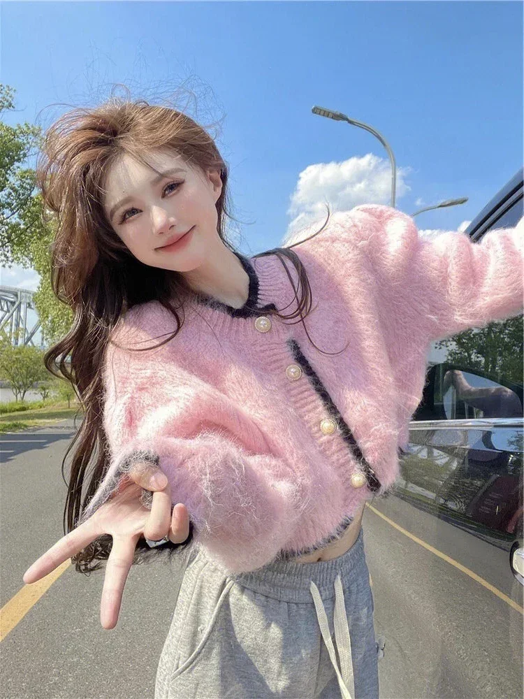 Morbido Mohair Maglione A Maniche Lunghe delle Donne Autunno/Inverno 2024 Nuovo Coreano Rosa Versatile Breve Cardigan Lavorato A Maglia Cappotto Pull Femme