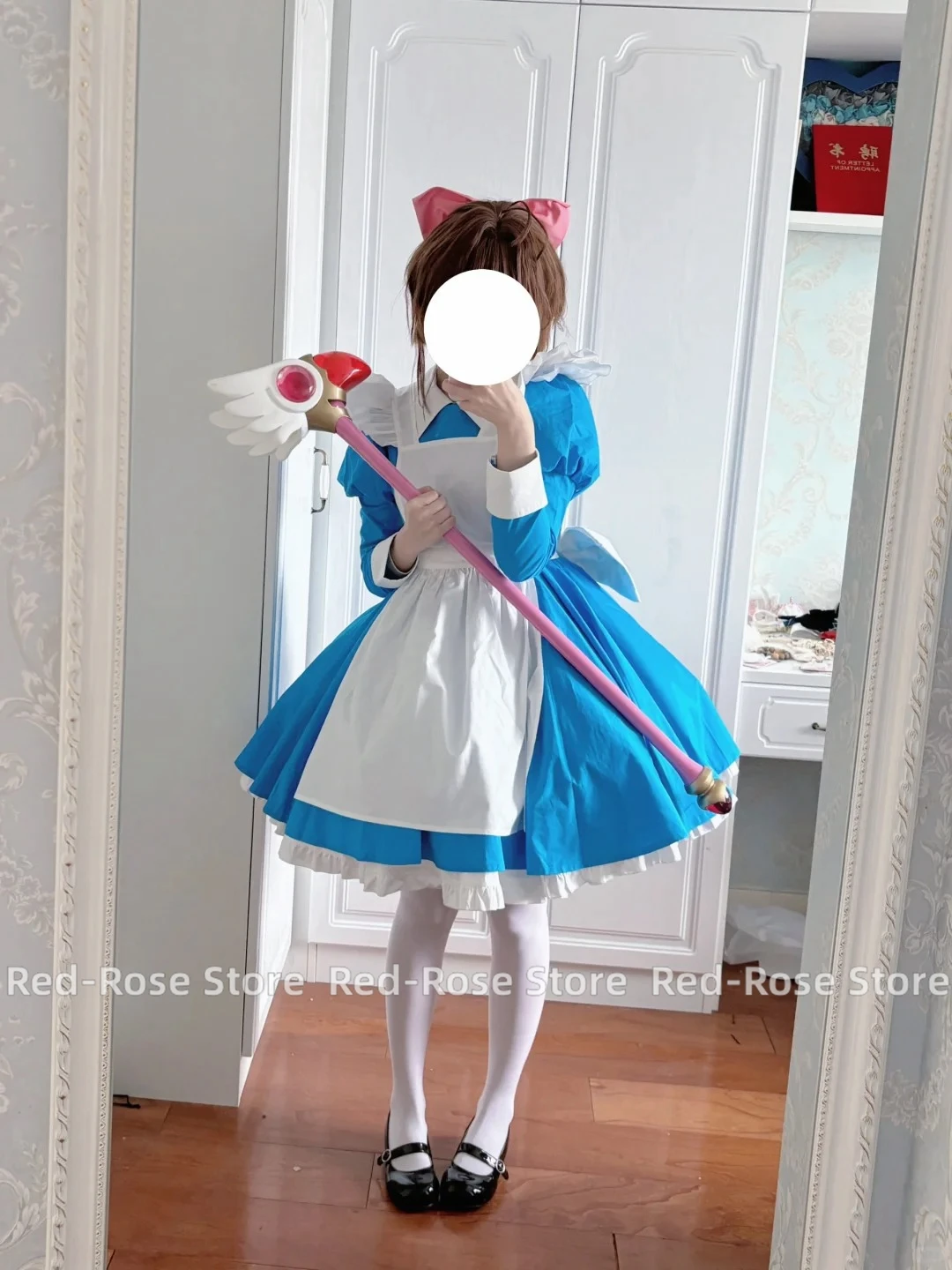 Anime KINOMOTO SAKURA Cosplay Costume Party Role Play Clothing Girls Maid Blue Dress Wig With socks