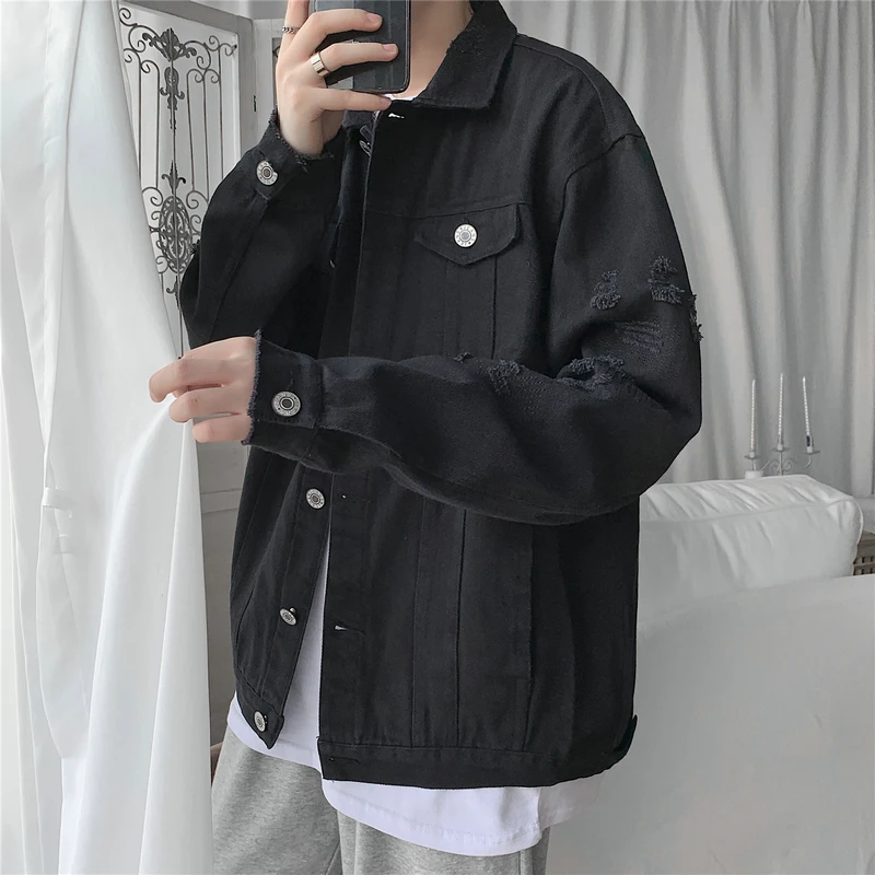 New Autumn Men\'s Jeans Jackets Slim Fit Cotton Denim Jacket Red White Black Ripped Hole Jean Coats Mens Outwear Plus size M-5XL