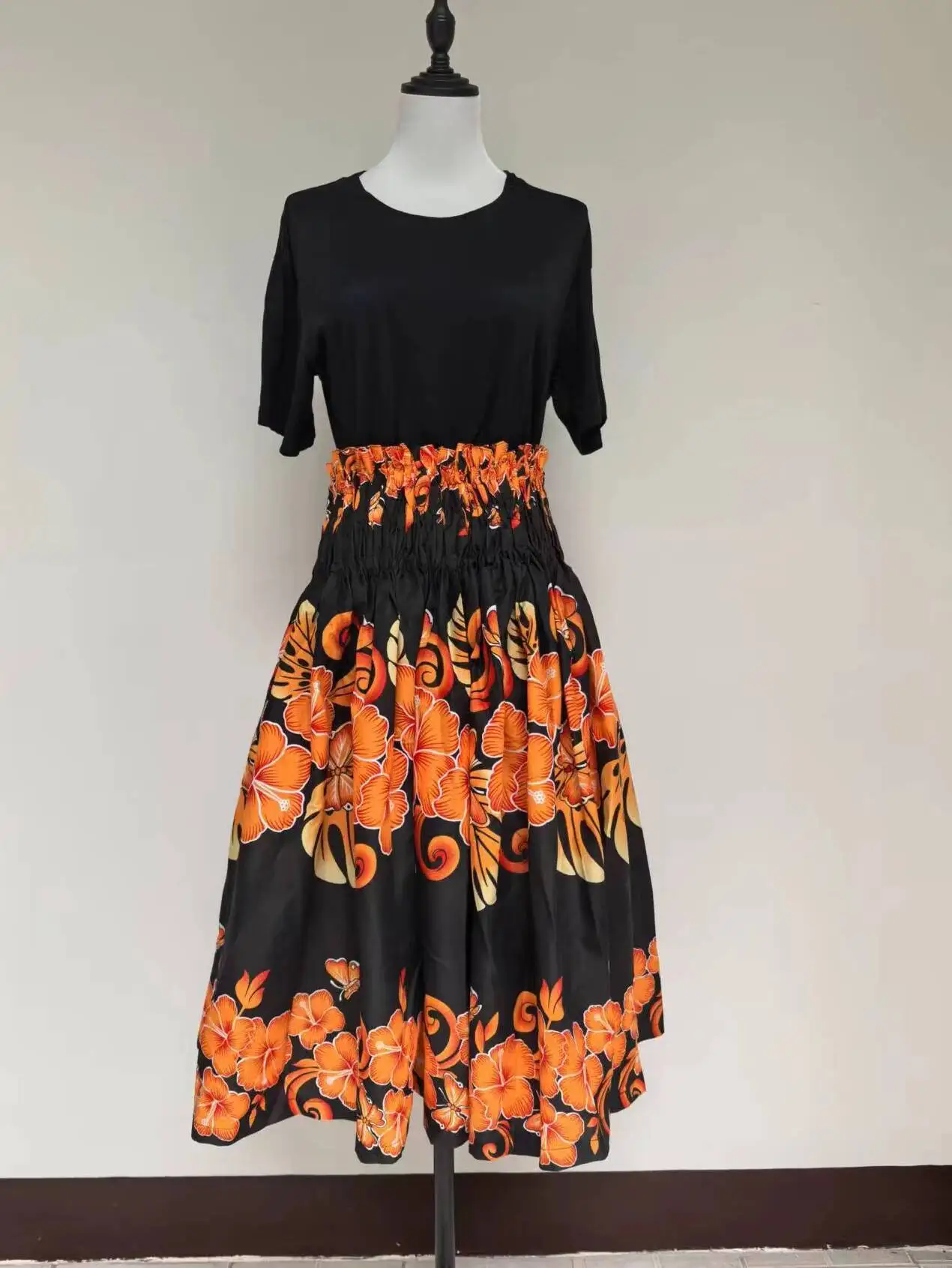 훌라 댄스 스커트 하이 웨이스트 맥시 하프 길이 레인보우 플로럴 프린트 A라인 스커트 프레시 스타일 폴리에스터 원단 여름 공연 스커트