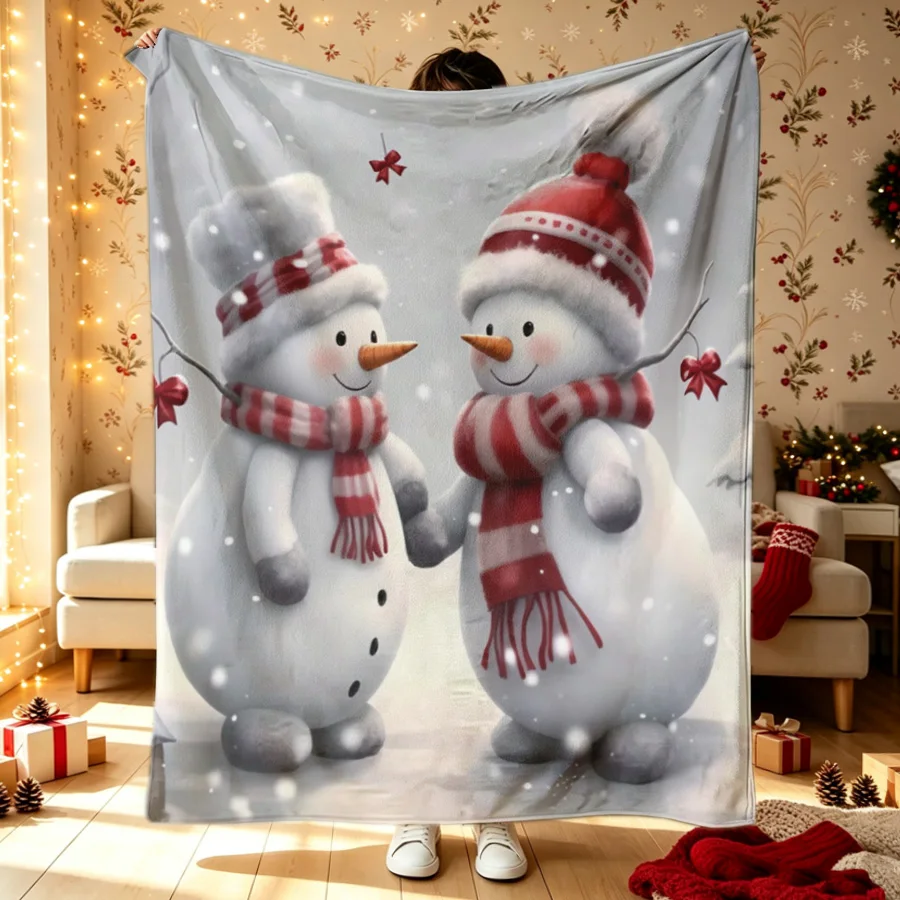 Christmas Adorable Snowmen Couple Printed Flannel Throw Blanket, Snowflakes 2D Single-Sided Printed Holiday Blanket