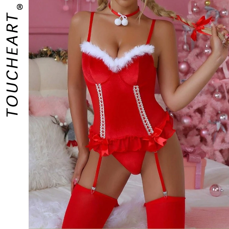 

Toucheart Sexy Women Wrap Dress Interesting Underwear Garters High Waisted Bow Knot Lace Up Patchwork Hollow Out Plunge Sexy Set
