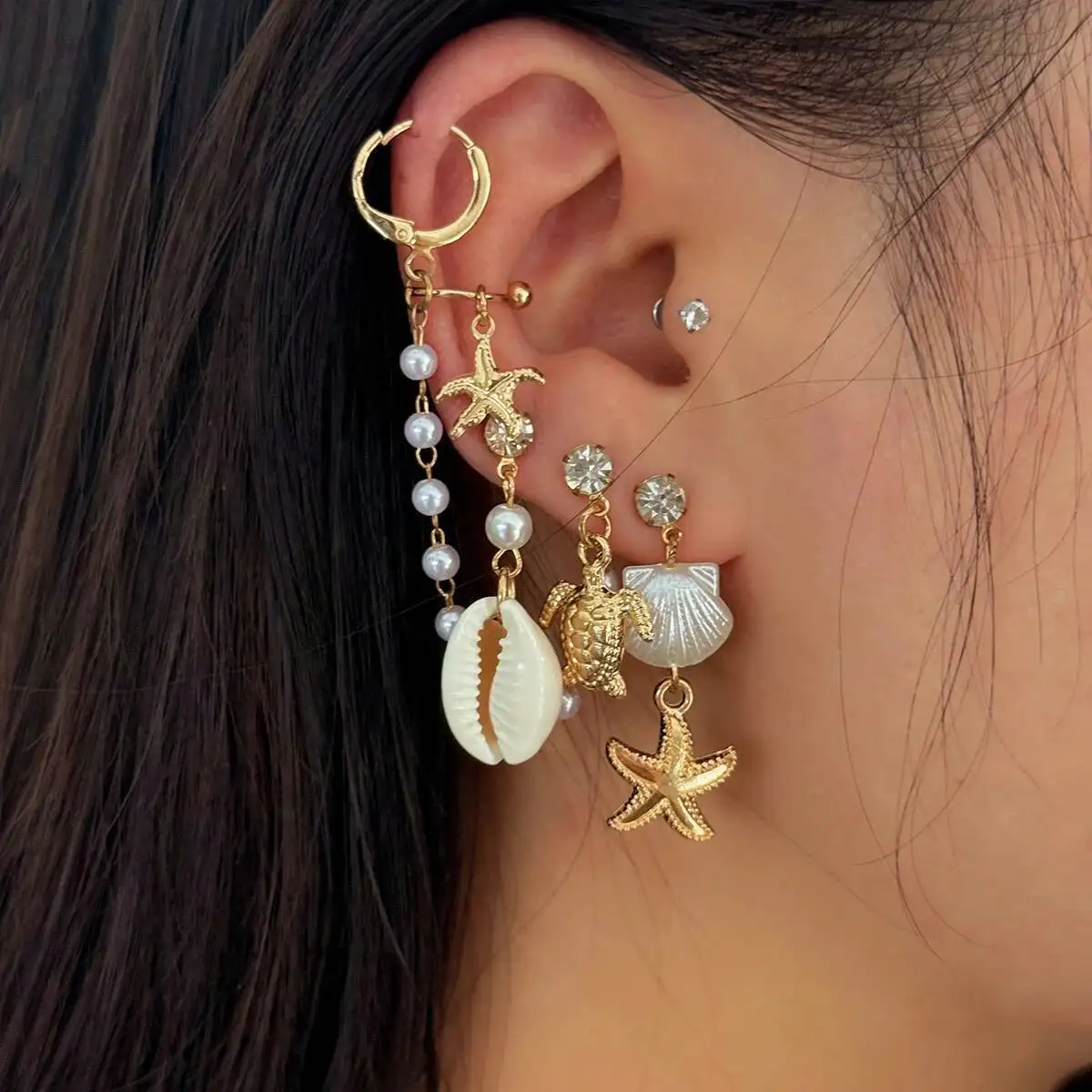 

Ingemark 4Pcs Boho Starfish Conch Sea Turtle Tassels Drop Earrings Elegant Trendy Imitation Pearls Rhinestone Earrings Jewelry