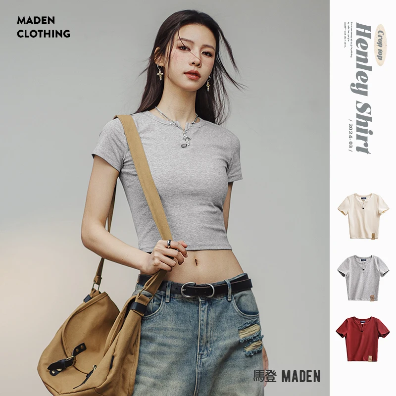 

Maden New Crop Top Henry Shirt Short-sleeved Slim T-shirt and Short Solid Color Inner Layering Cotton Tee for Women's Summer