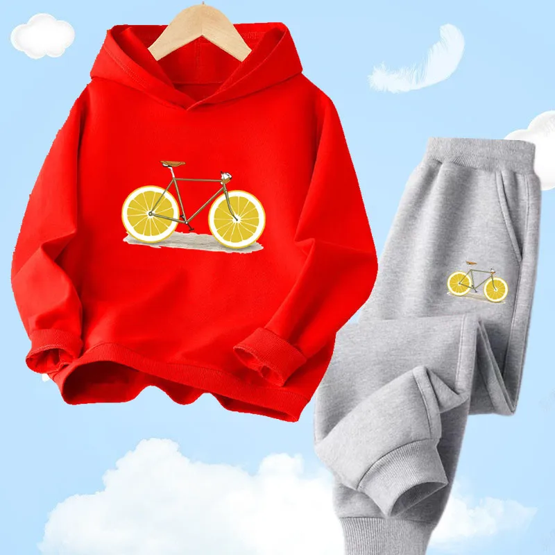 Fashion New Kids Boys Lemon Fruit Print Hoodies Clothes Spring Sweatshirt Long Pant 2pcs Outfits Set Clothing For 3-14 Years Old