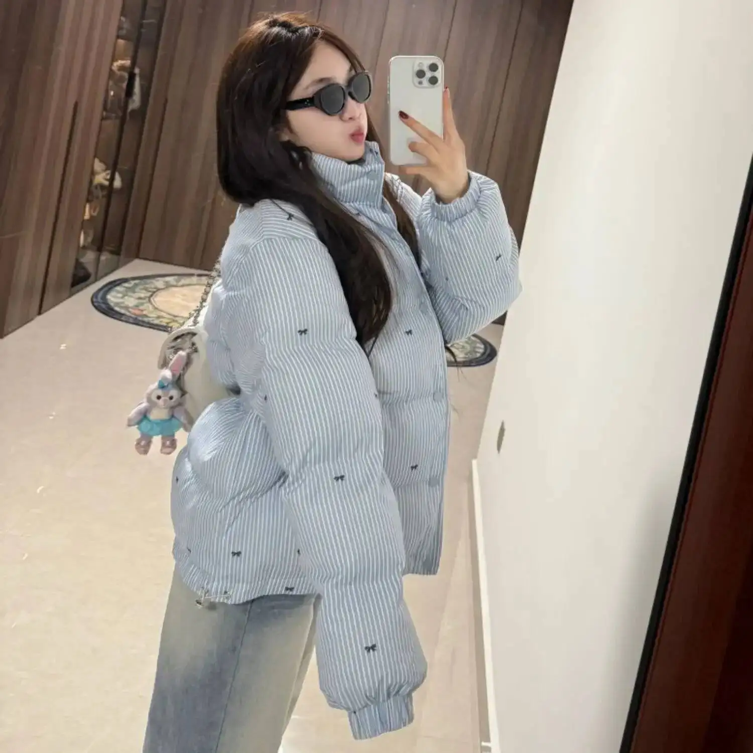 الكورية نمط الحلو بارد مخطط فراشة عقدة طباعة سميكة سترة قطن المرأة شتاء موضة جديدة ملابس خارجية دافئة #3