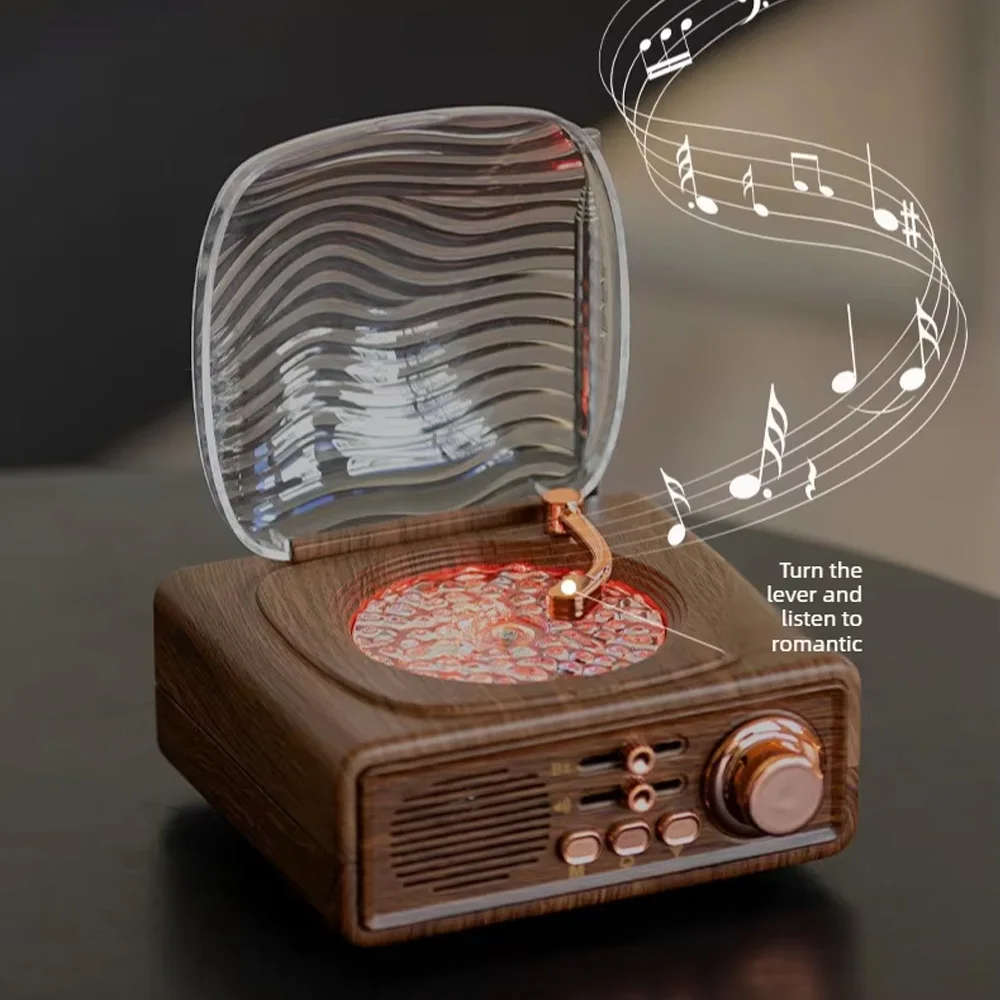 Vintage Simulated Vinyl Bluetooth Speaker Wireless Audio FM Radio With Projection Ambient Light USB Playback Retro Desktop Decor