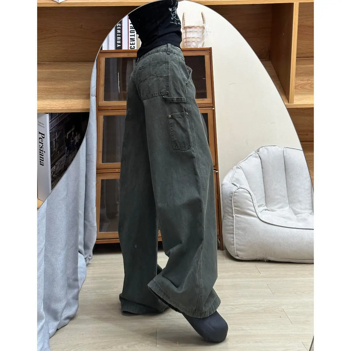 밀리터리 와이드 레그 워크웨어 청바지 여성 여름 신상 디자인 미국식 하이웨이스트 루즈 슬림핏 롱 팬츠