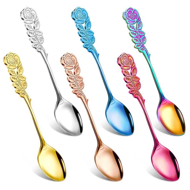 ABHG 6 Pcs 5.1 Inch Small Tea Spoons Coffee Spoons Fancy Spoons Dessert Stirring Spoons Teaspoons Stainless Steel Rose Handle