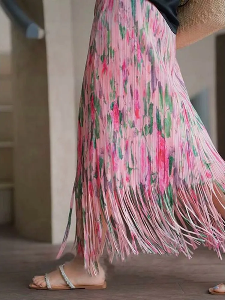 Pink Tassel Skirt Fairy Tale Forest System Long High Waist Floral A-Line Half Skirt Women's Commute Style Pleated Polyester F...