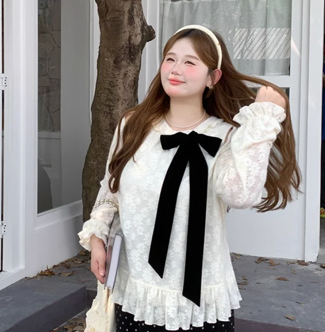 Large Size Women Beige Early Autumn New Elegant Lace Chiffon Shirt Fashion Versatile Age-reducing Bow Loose Long-sleeved Top