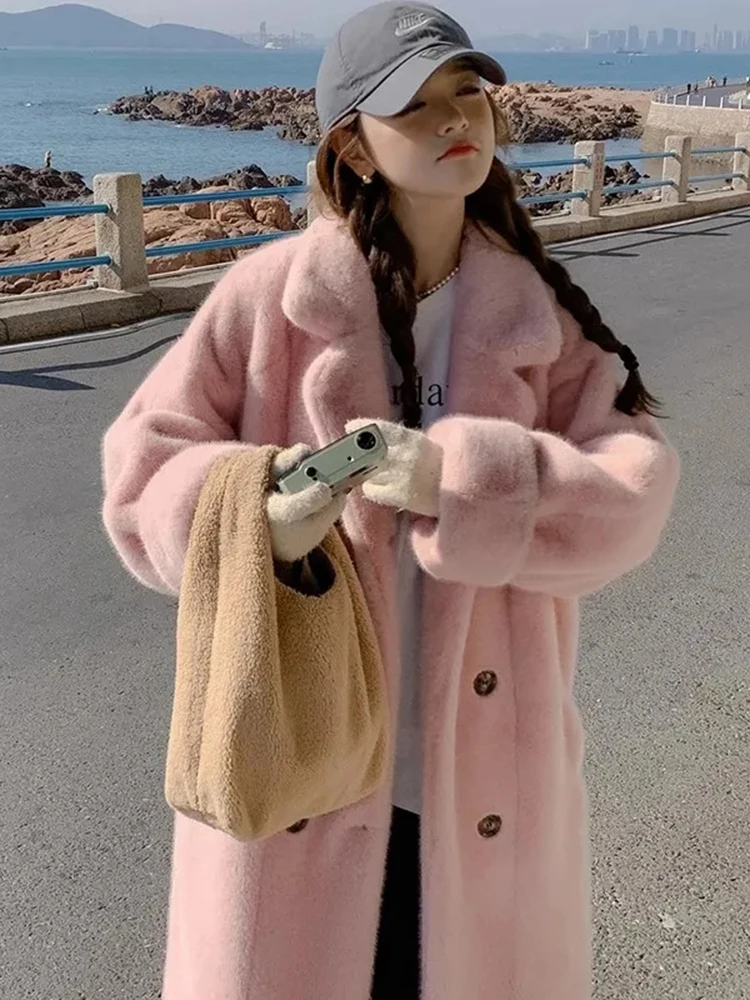 Long Warm Faux Rabbit Fur Fluffy Padding Jacket Fall Winter Chic Coats Chaqueta Casual Plush High Grade Luxury Outerwears Casaco