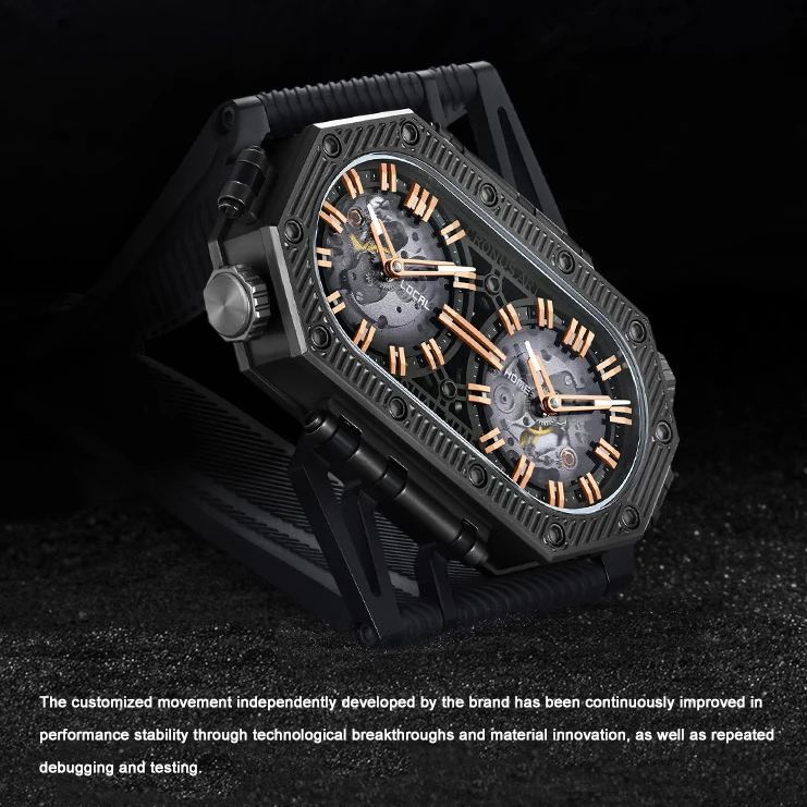 CRONUSART الرجال ساعة أوتوماتيكية 50 مللي متر * 29 مللي متر موضة الميكانيكية ساعة اليد فلوروروبر حزام المنطقة الزمنية المزدوجة الهاتفي الياقوت مضيئة