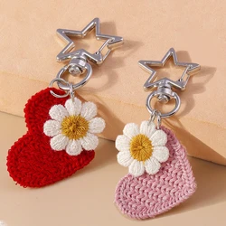 Pretty Handmade Knitted Love Heart Keychain Crocheted Flower Key Ring Pendants for Women Girls Handbag Decor DIY Jewelry Gifts