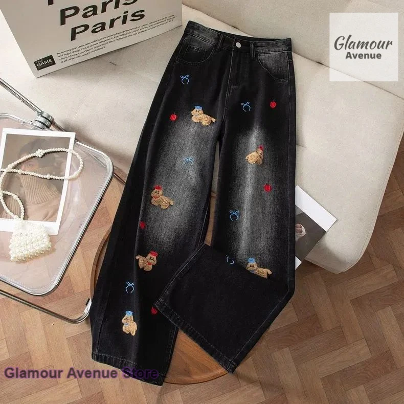 American fun black Christmas puppy embroidered wide-leg women's spring and autumn new fashion high waist loose Joker jeans.