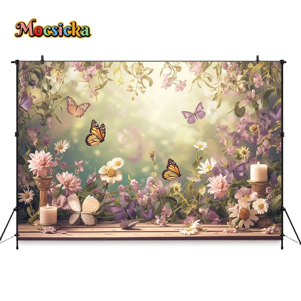 Butterfly Girl Baby Cake Smash Background Flower Candle Wooden Board Backdrop Decor Kid Birthday Party Portrait Photozone Studio