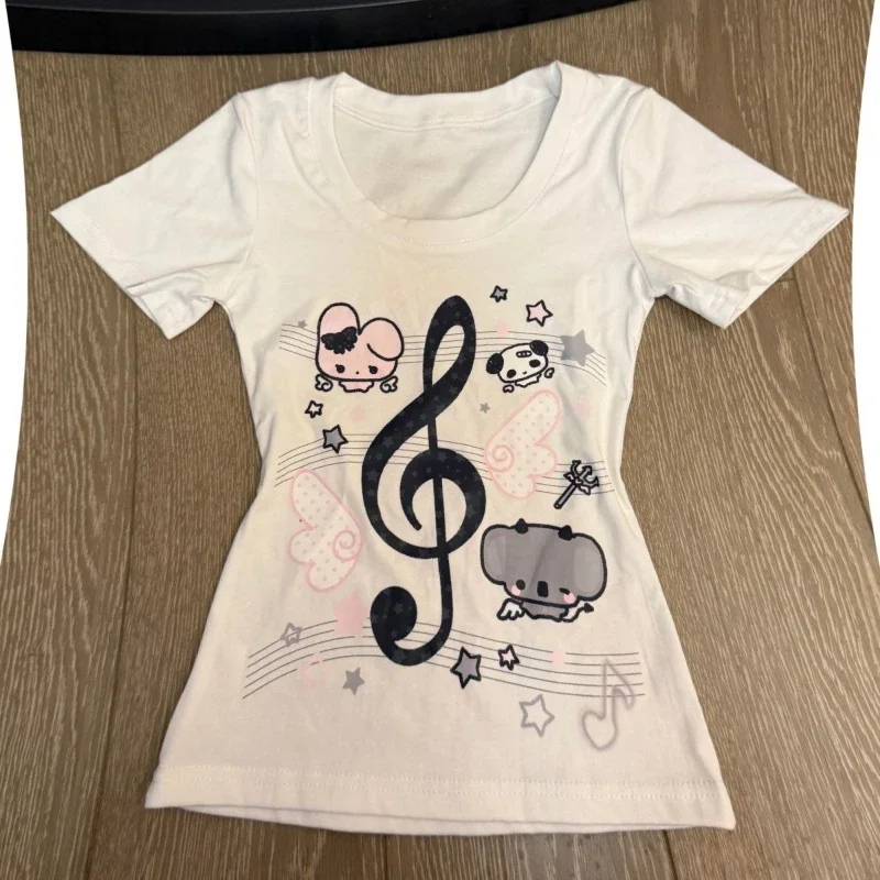 

Subculture Casual O-neck Short Sleeve T-Shirts Fashion Sweet Kawaii Cartoon Print Slim Tees Women's Summer Chic Thin White Top