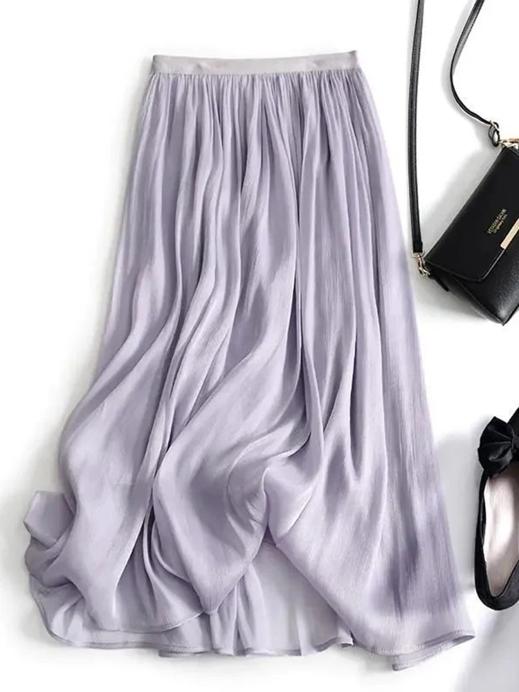 Women Casual Mesh Skirts 2025 Spring Summer Solid color High Waist A-line Midi Skirts korean Fashion Femme Faldas Mujer